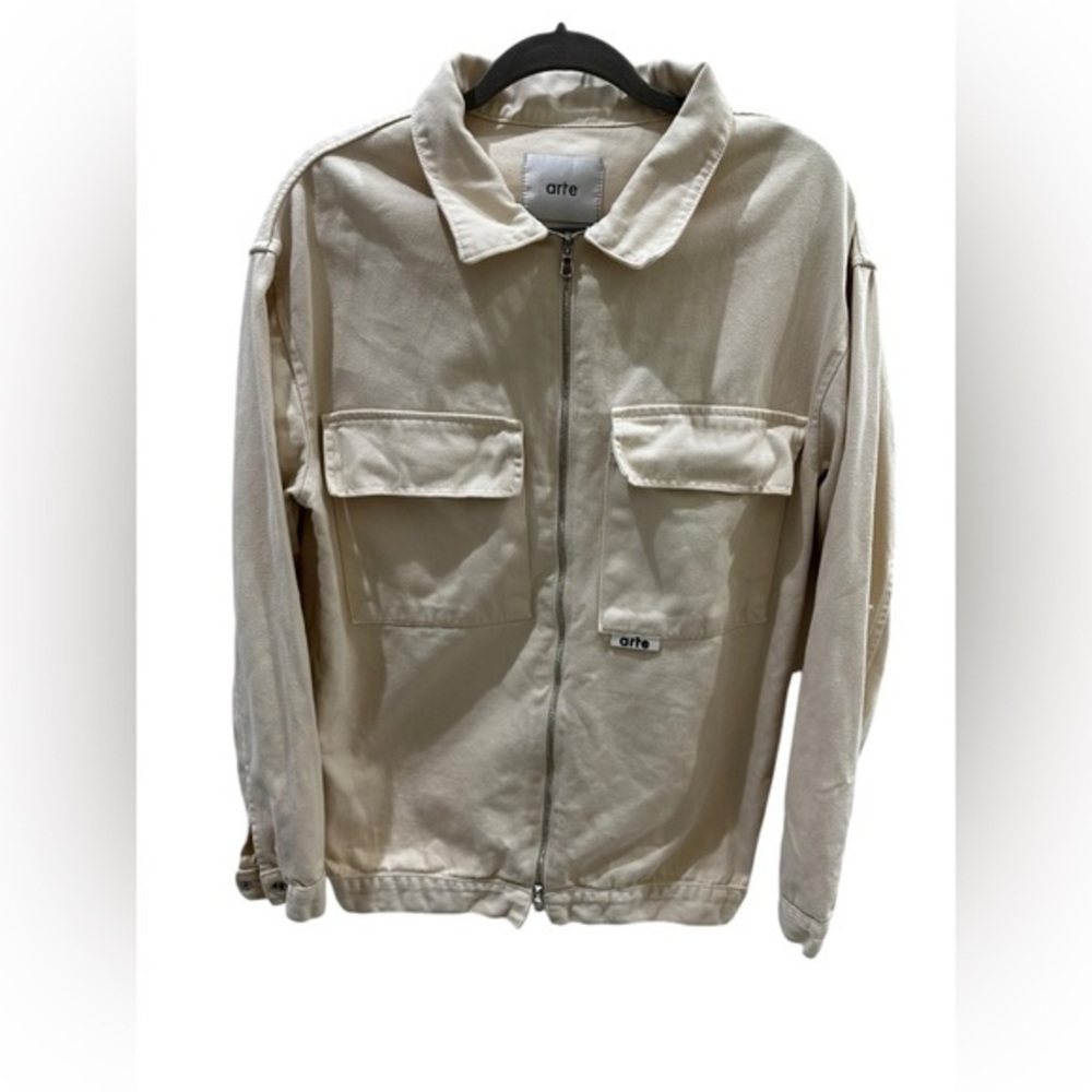 ARTE MEN front zip side pocket beige long sleeve jean jacket